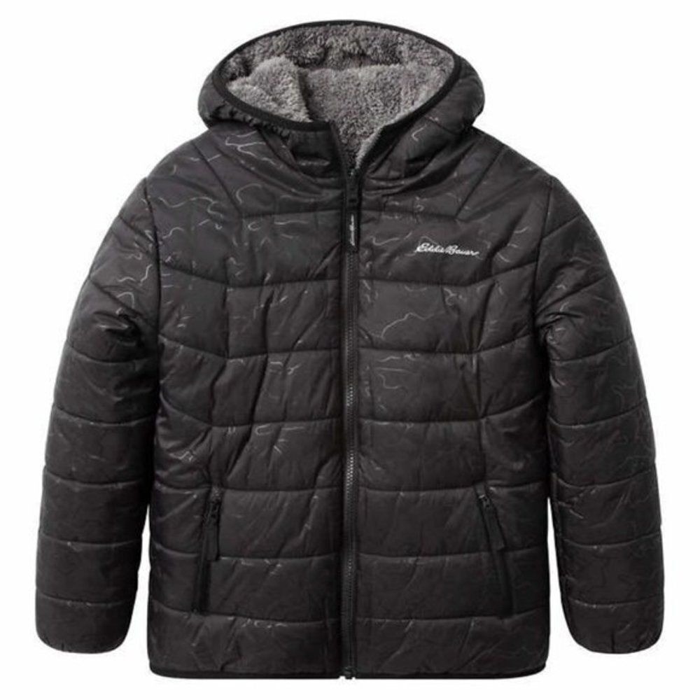 Eddie Bauer Reversible Jacket Kids XS 5/6 Black Grey New Hooded Puffer Fleece
